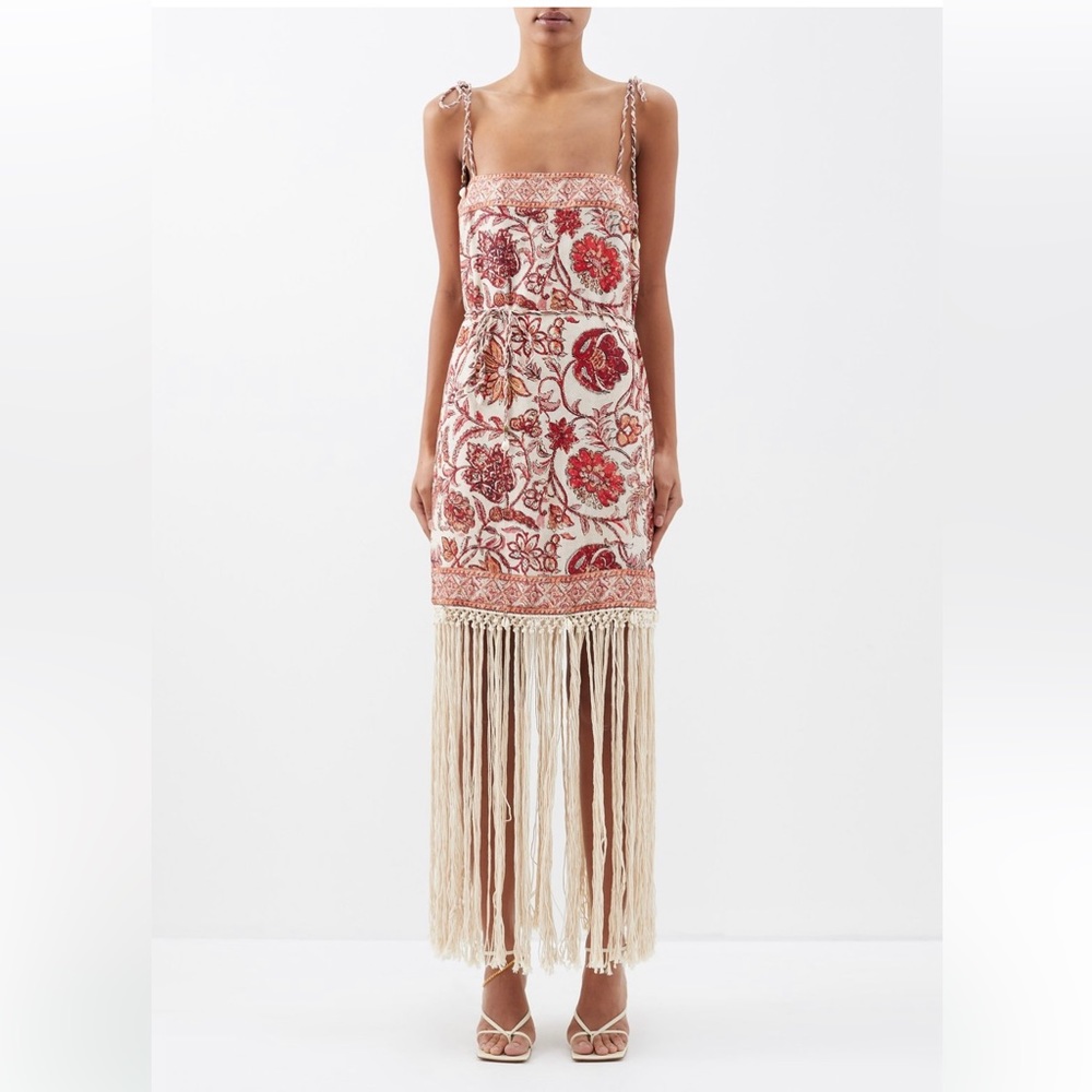 Zimmermann Vitali Paisley Print Tie Waist Fringe Linen Dress